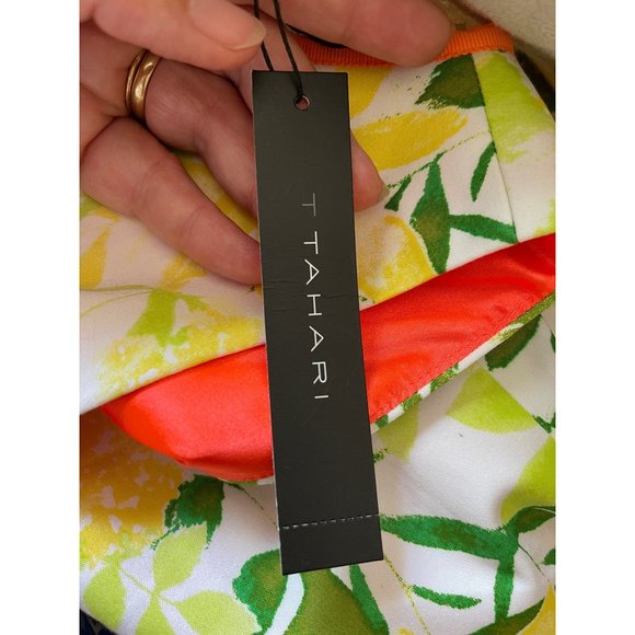 T TAHARI Terry Sheath Summer Dress Sleeveless Floral Bright Lime, Orange, Green, - Picture 6 of 11